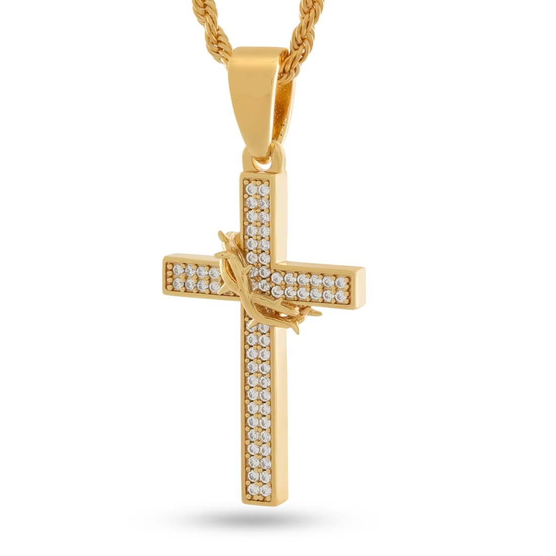 Crown of Thorns Wrapped Cross Necklace in 2.2” / 14K Gold by King Ice