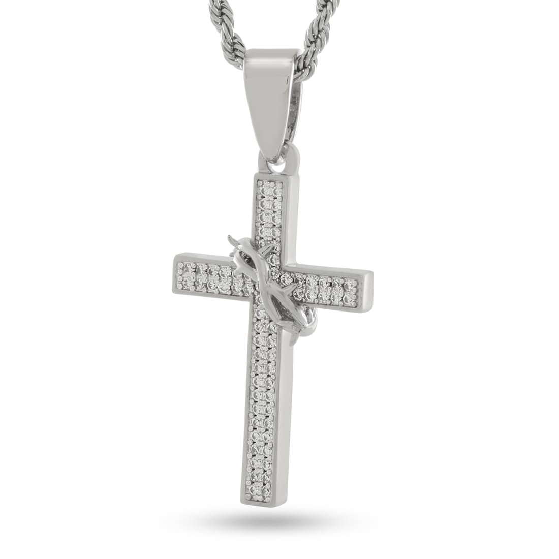 Crown of Thorns Wrapped Cross Necklace in 2.2” / White Gold by King Ice