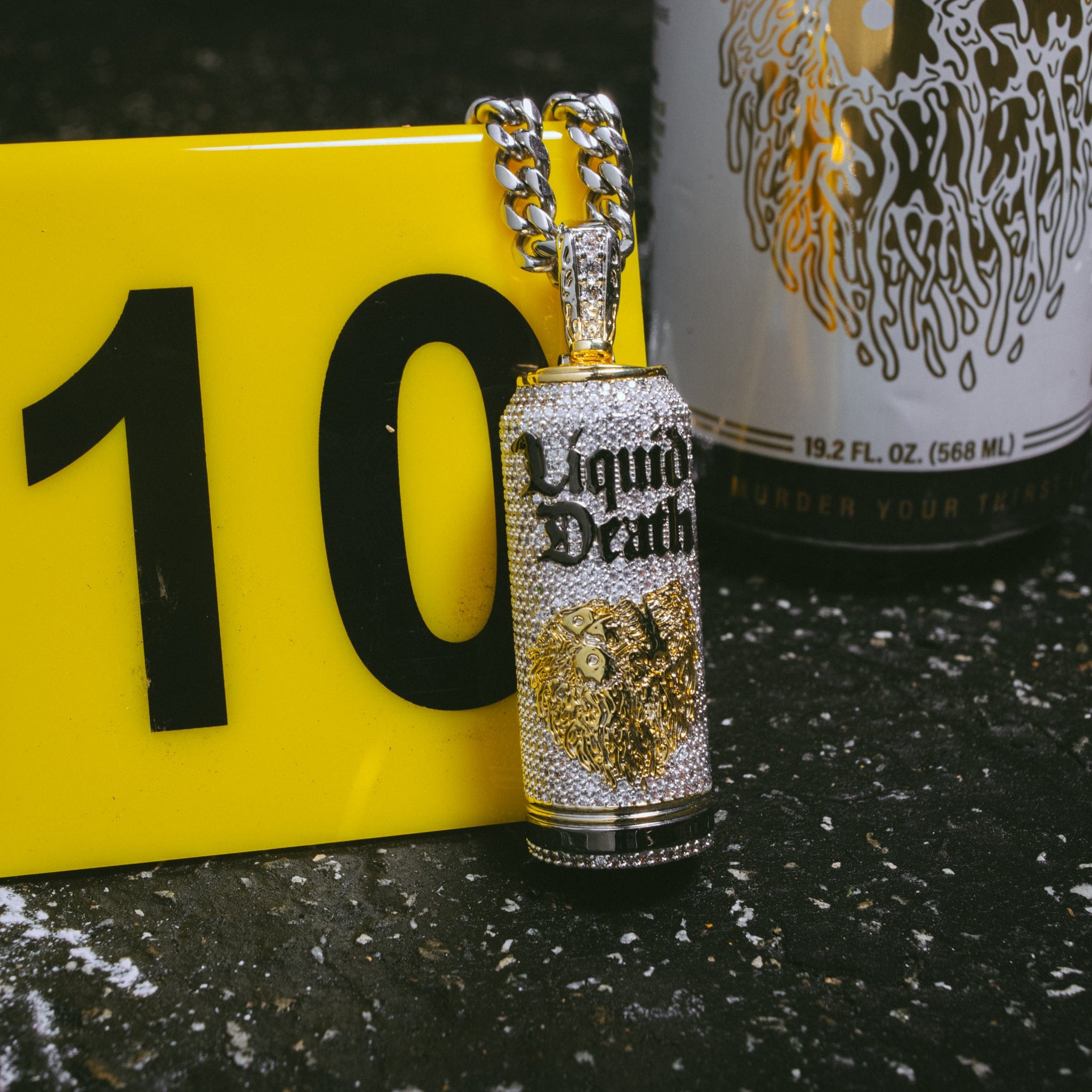 Liquid Death x King Ice - Iced Still Water Can Necklace in White Gold / 2.6" by King Ice