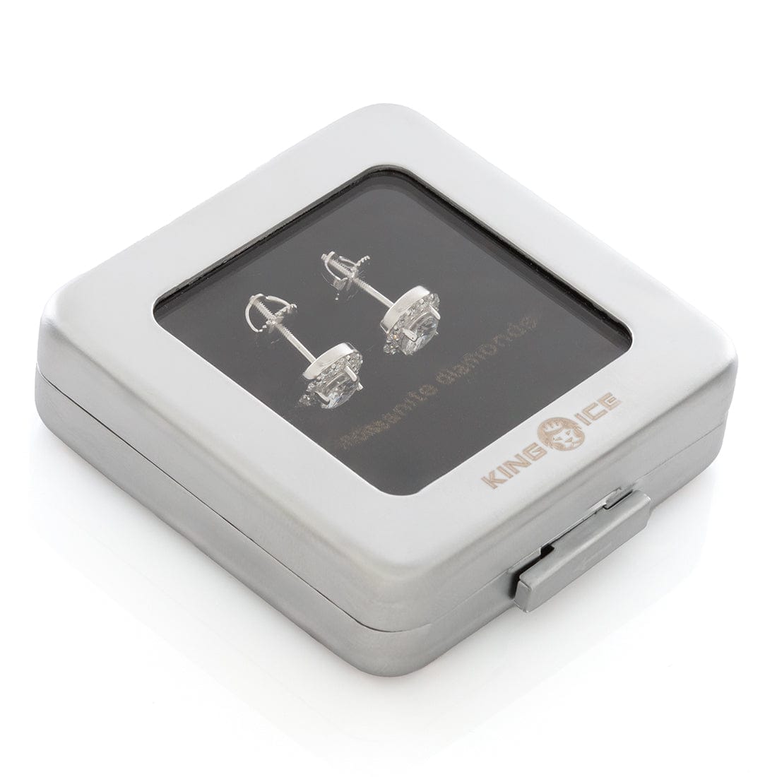 Moissanite Halo Brilliant-Cut Stud Earrings in Sterling Silver / White Gold / 8mm by King Ice