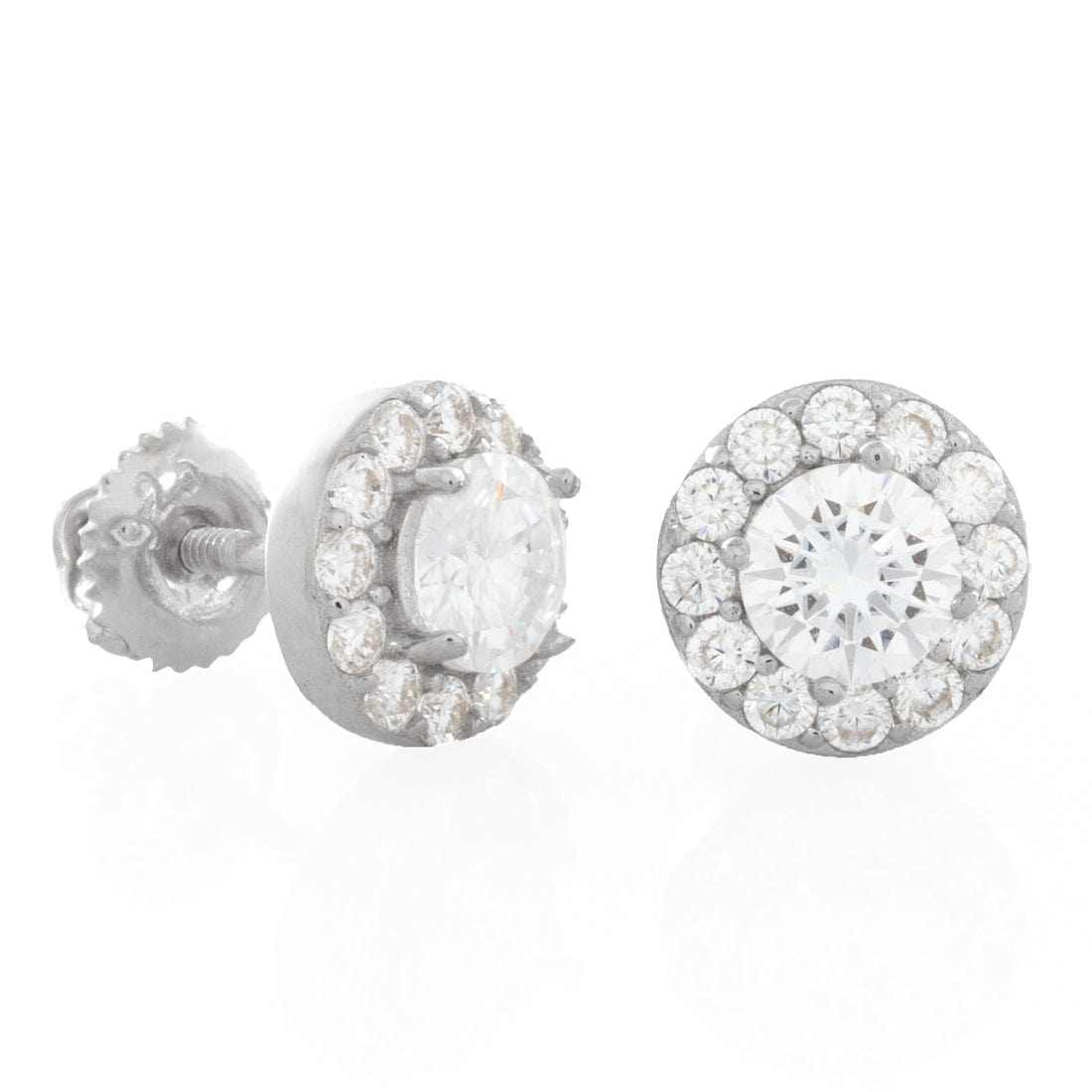 Moissanite Halo Brilliant-Cut Stud Earrings in Sterling Silver / White Gold / 8mm by King Ice