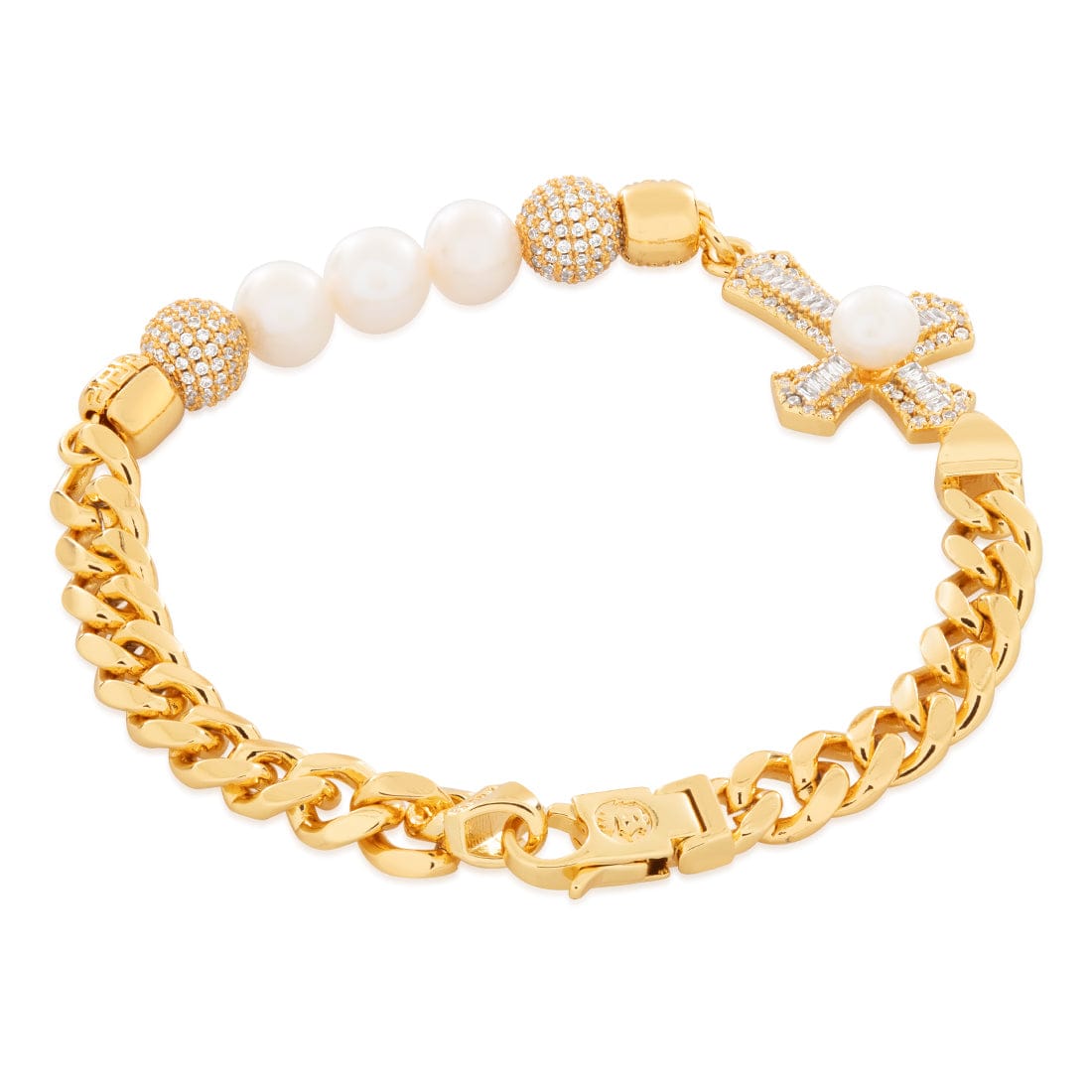 Pearl of Wisdom Cross Bracelet in Gold Plated / 14K Gold / 8" by King Ice