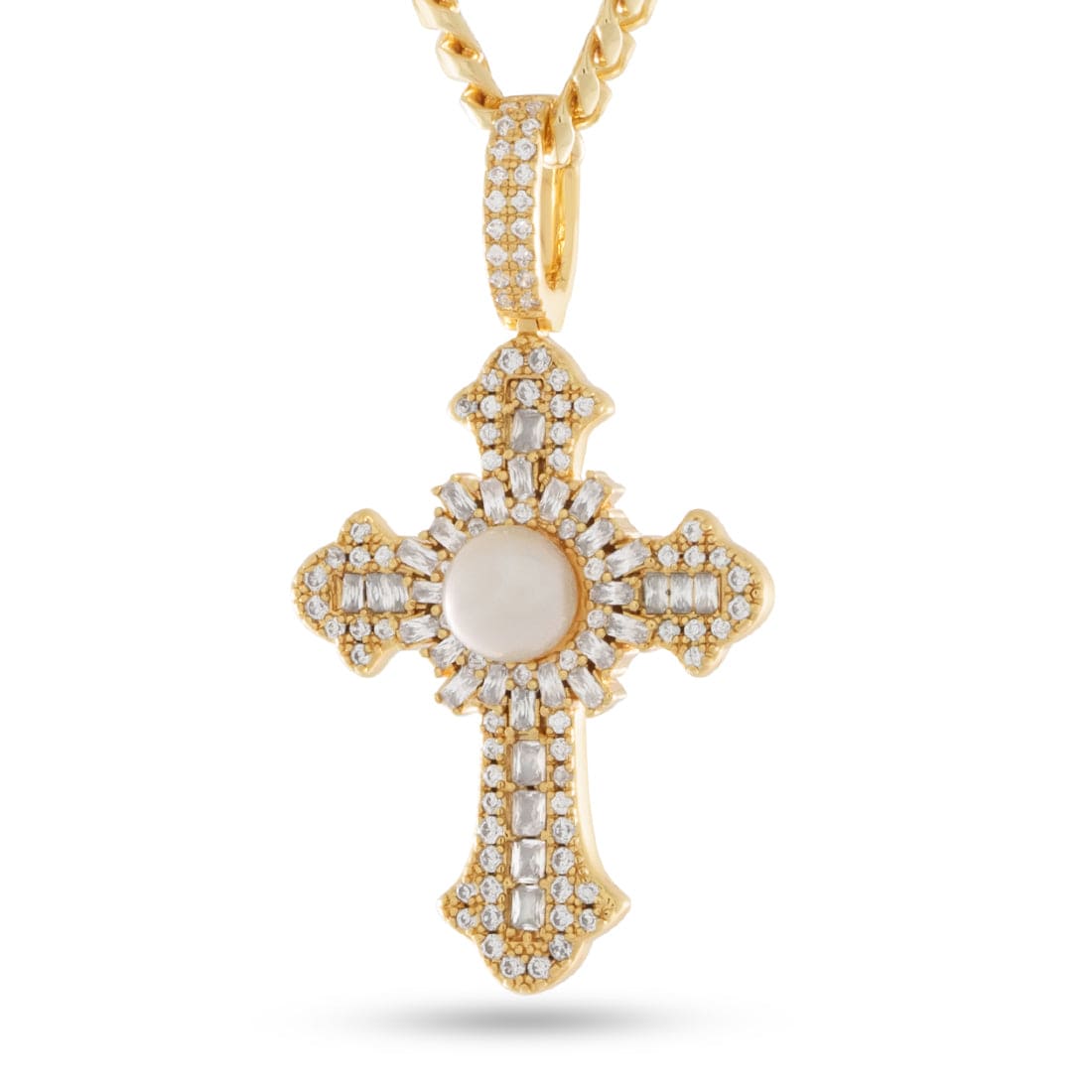 Pearl of Wisdom Cross Necklace in 14K Gold / 1.6" by King Ice