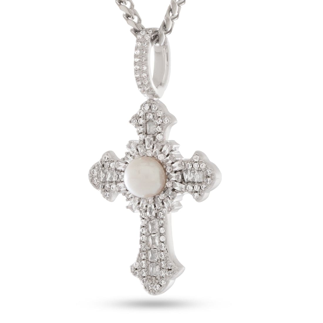 Pearl of Wisdom Cross Necklace in White Gold / 1.6" by King Ice