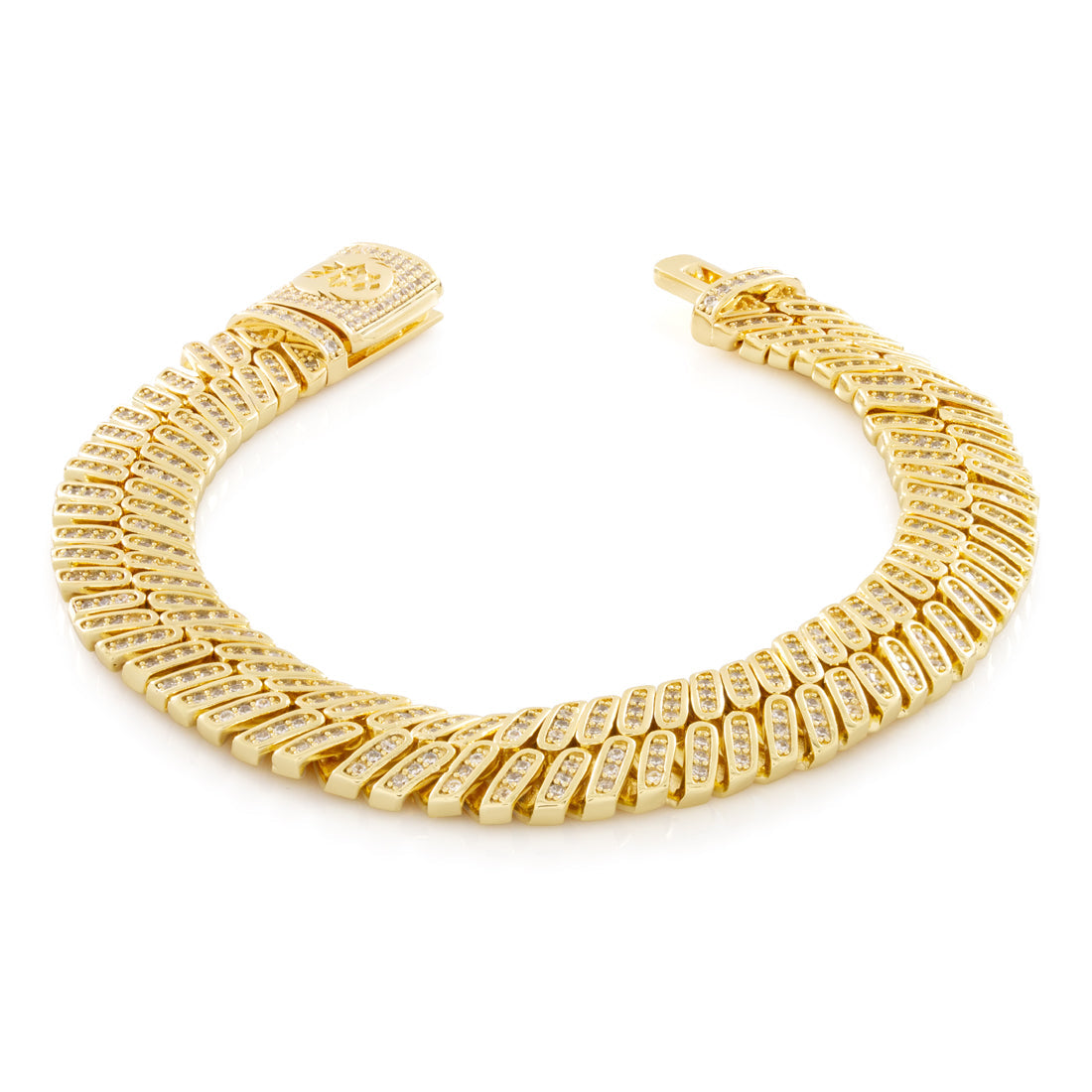 12mm Iced Herringbone Bracelet in Gold Plated / 14K Gold / 8" by King Ice