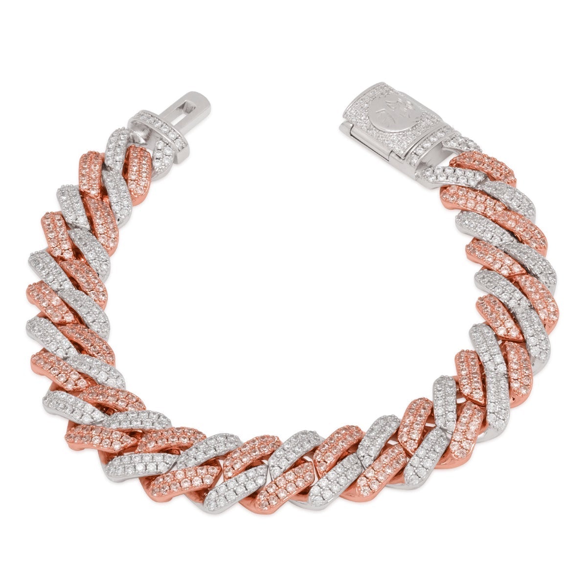 12mm Rose Gold Iced Diamond-Cut Miami Cuban Link Bracelet in Gold Plated / White/Rose Gold / 7" by King Ice
