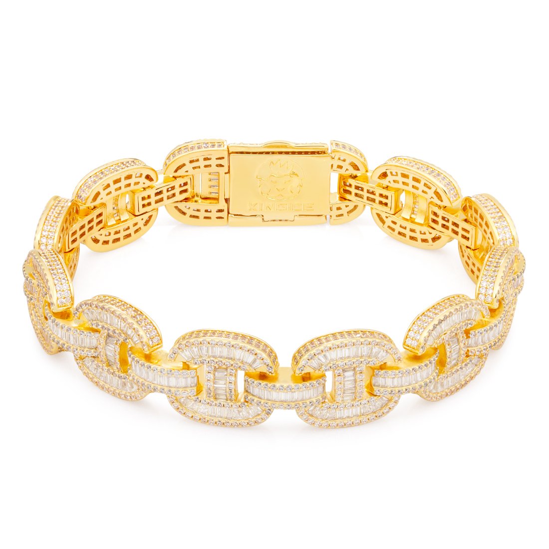 14mm Iced Baguette-Cut G-Link Bracelet in Gold Plated / 14K Gold / 8" by King Ice
