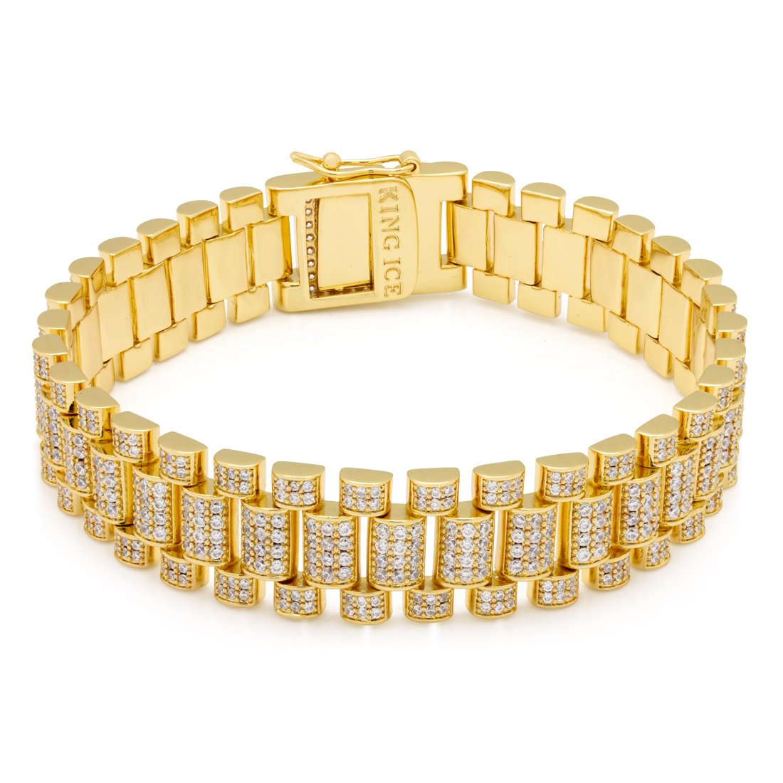 15mm Iced Rollie Link Bracelet in Gold Plated / 14K Gold / 8" by King Ice