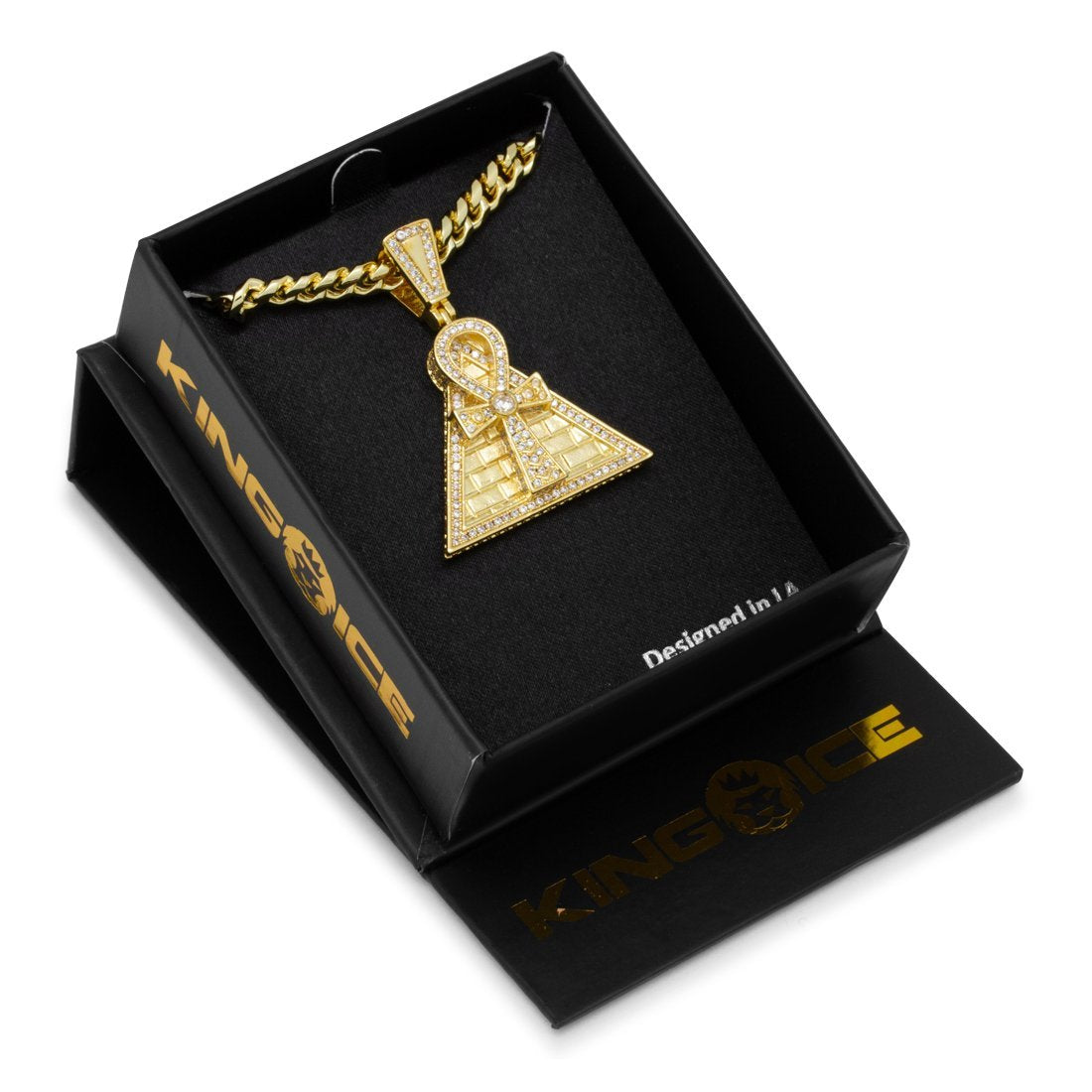 Ankh Key Pyramid Necklace in 14K Gold / 1.6" by King Ice