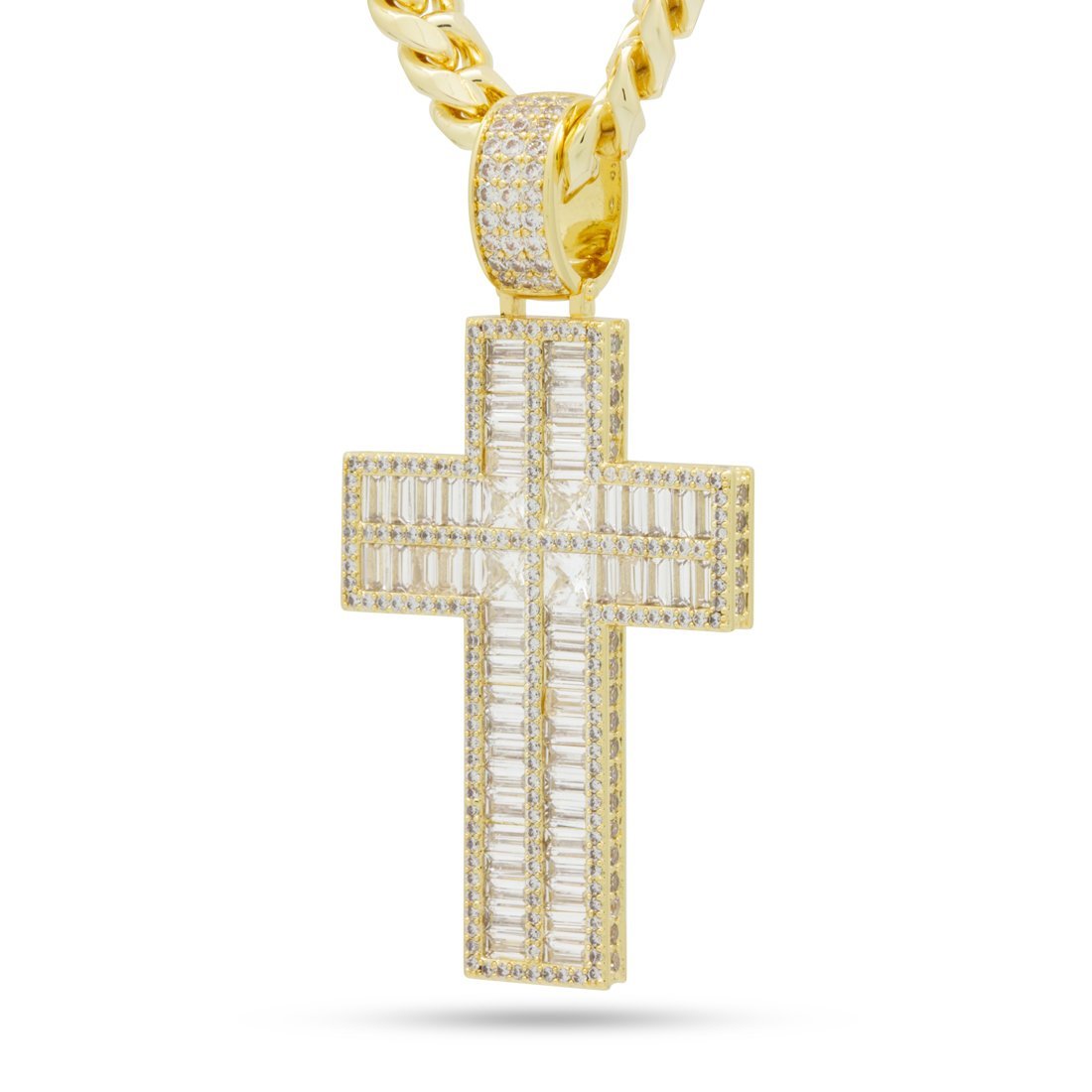 Baguette Cut Cross Necklace in 14K Gold / 2.6" by King Ice