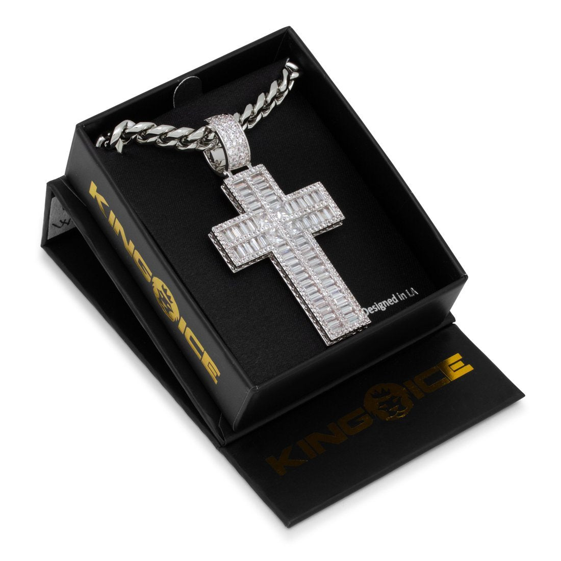 Baguette Cut Cross Necklace in by King Ice