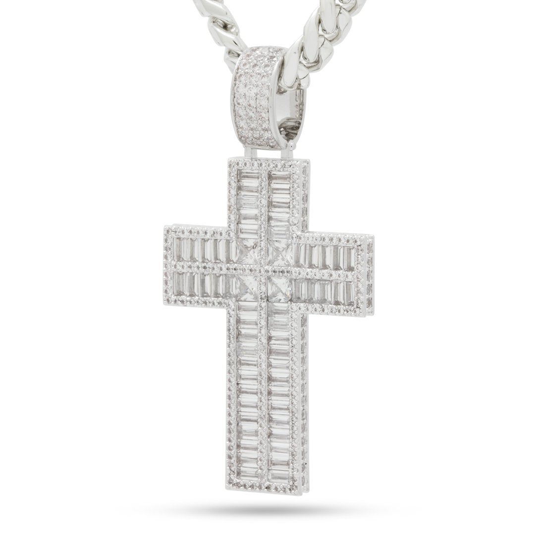 White Gold Baguette Cut Cross Necklace NKX14255-Silver