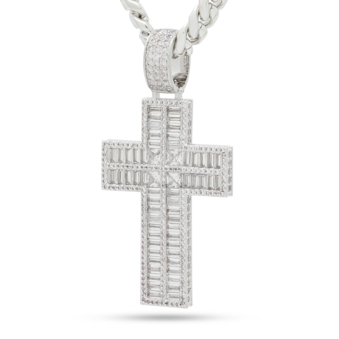 Baguette Cut Cross Necklace in White Gold / 2.6" by King Ice