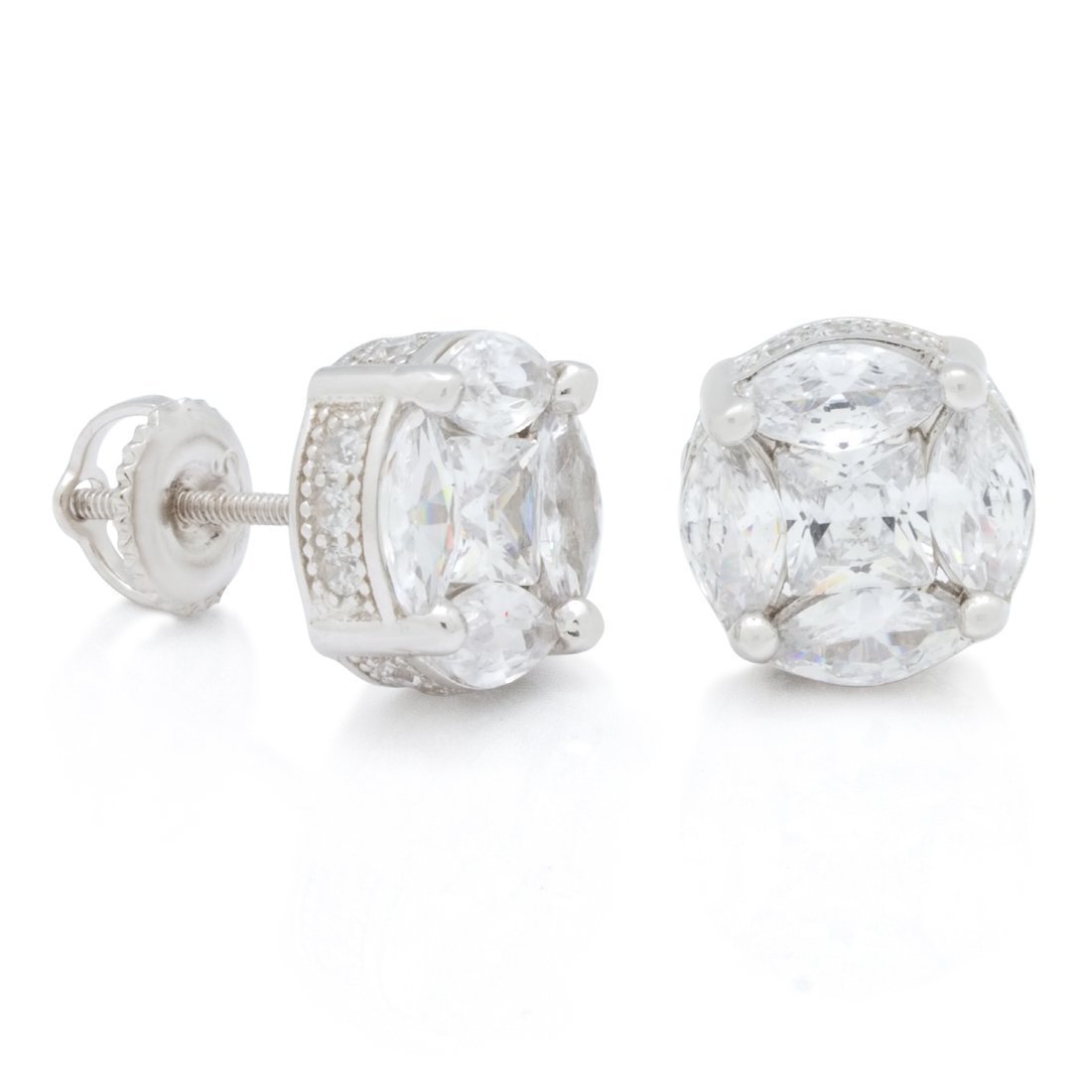 Brilliant-Cut Button Stud Earrings in Sterling Silver / White Gold / 8mm by King Ice