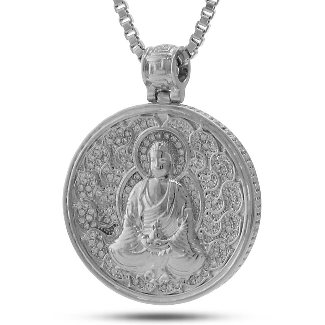 Buddhist Medallion Necklace in White Gold / 1.7" by King Ice