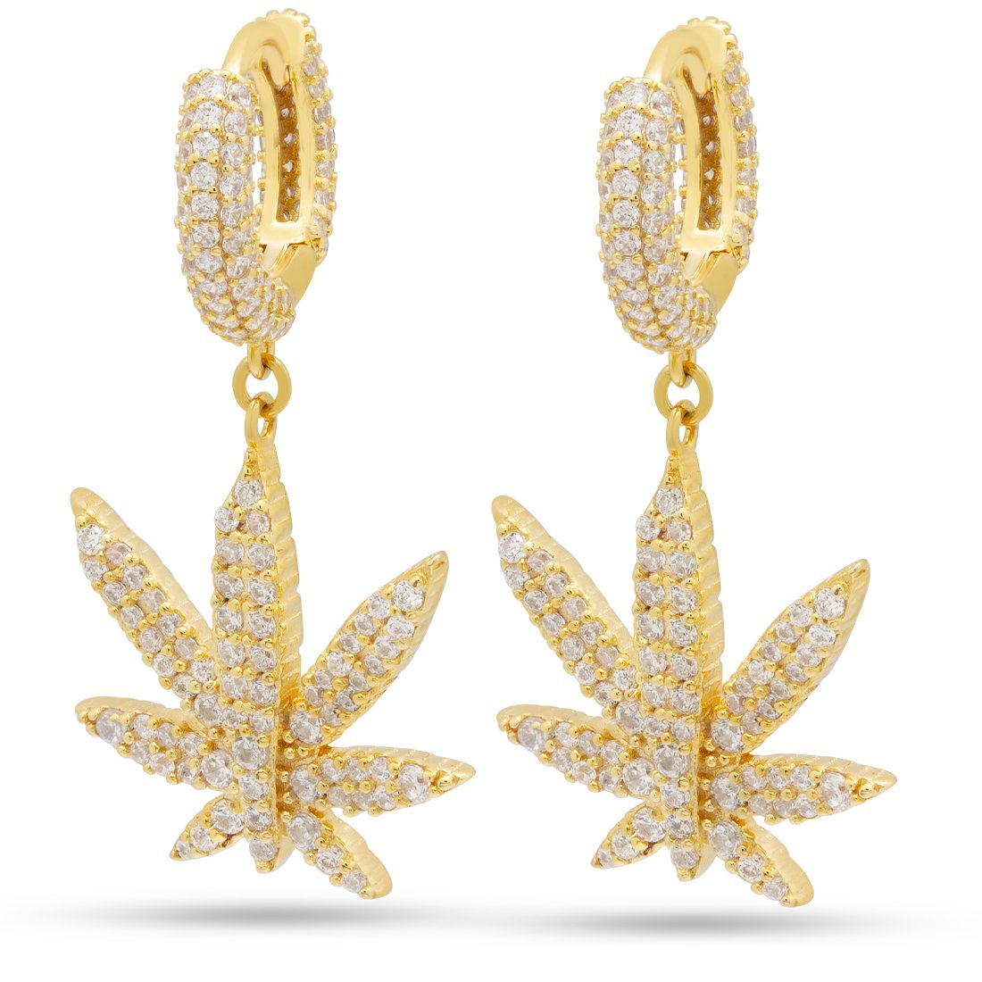 Iced Cannabis Leaf Hanging Earrings in Sterling Silver / 14K Vermeil / 1.3" by King Ice
