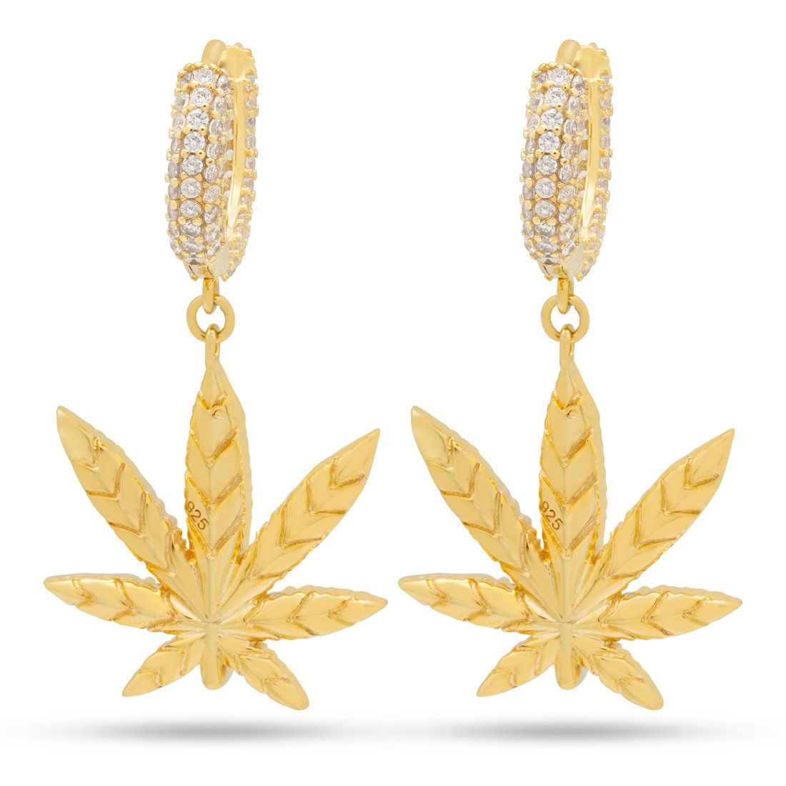 Iced Cannabis Leaf Hanging Earrings in Sterling Silver / 14K Vermeil / 1.3" by King Ice