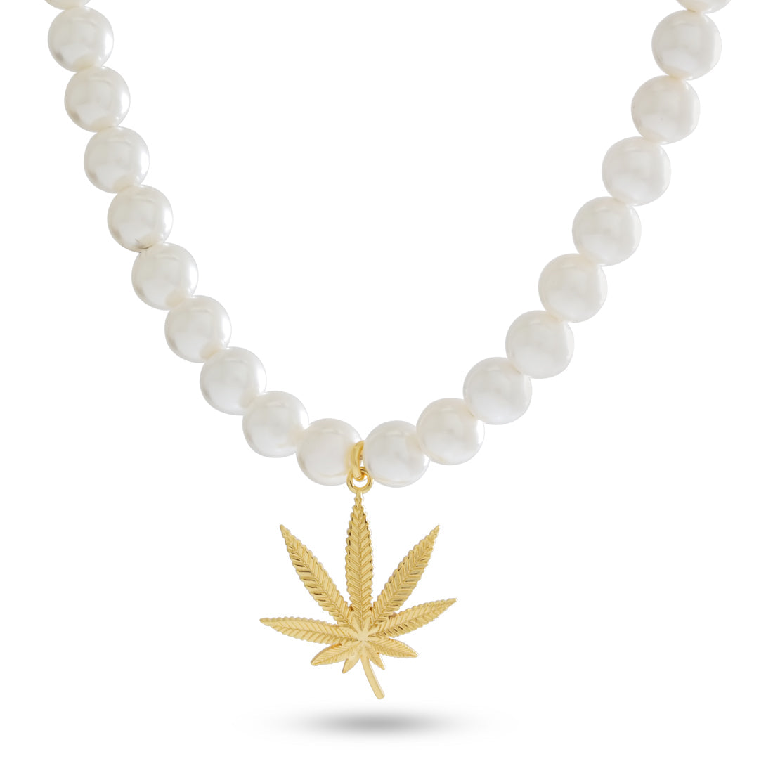 Cannabis Leaf Pearl Necklace in Gold Plated / 14K Gold / 1.2" by King Ice