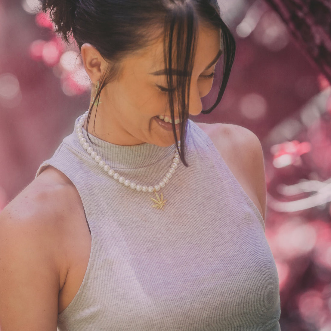 Cannabis Leaf Pearl Necklace in Gold Plated / 14K Gold / 1.2" by King Ice