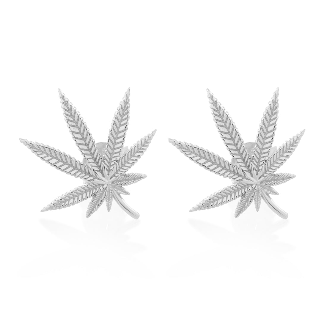 Cannabis Leaf Stud Earrings in Sterling Silver / White Gold / 1.3" by King Ice