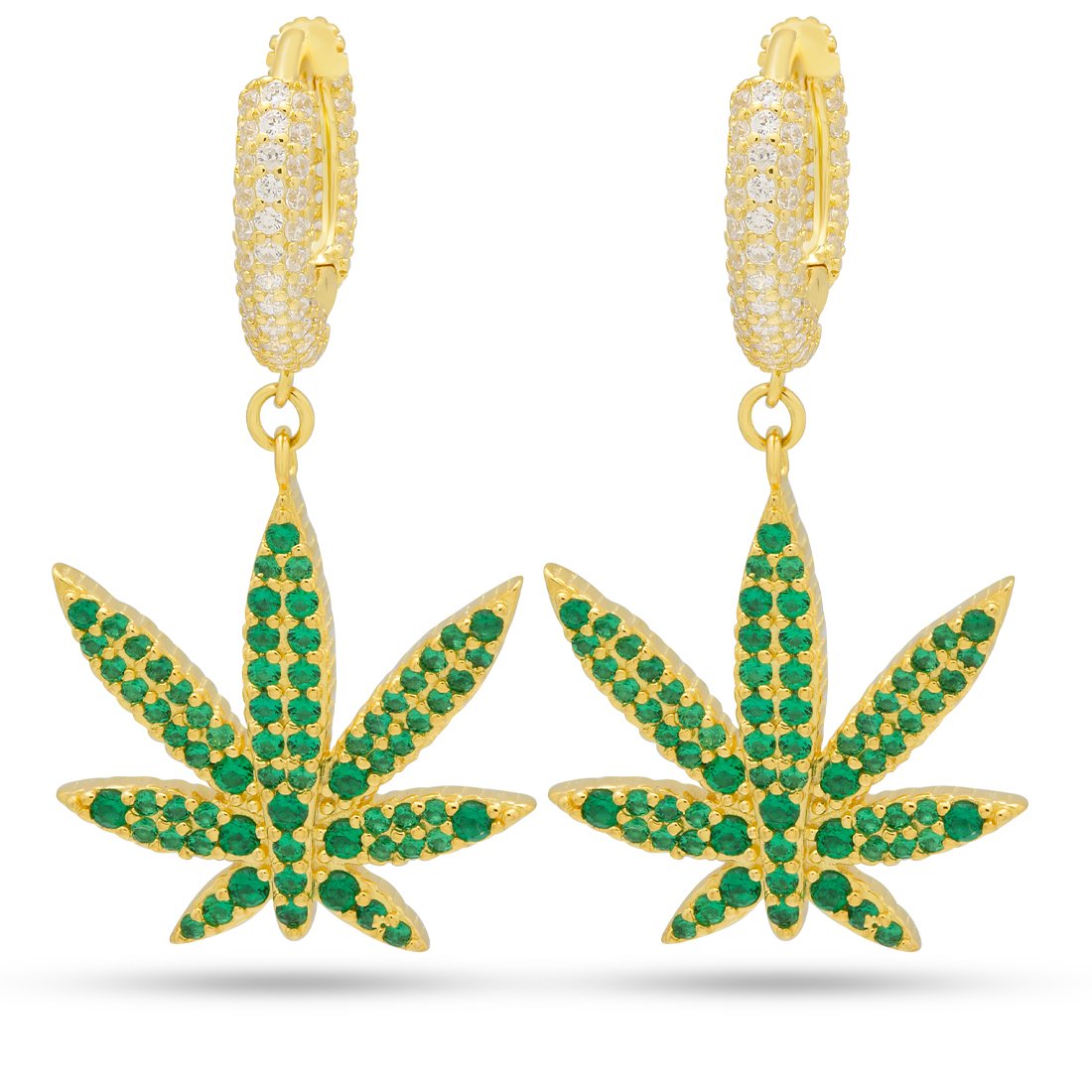 Sterling Silver / 14K Gold / 14mm Emerald Cannabis Leaf Hanging Earrings ERX15025