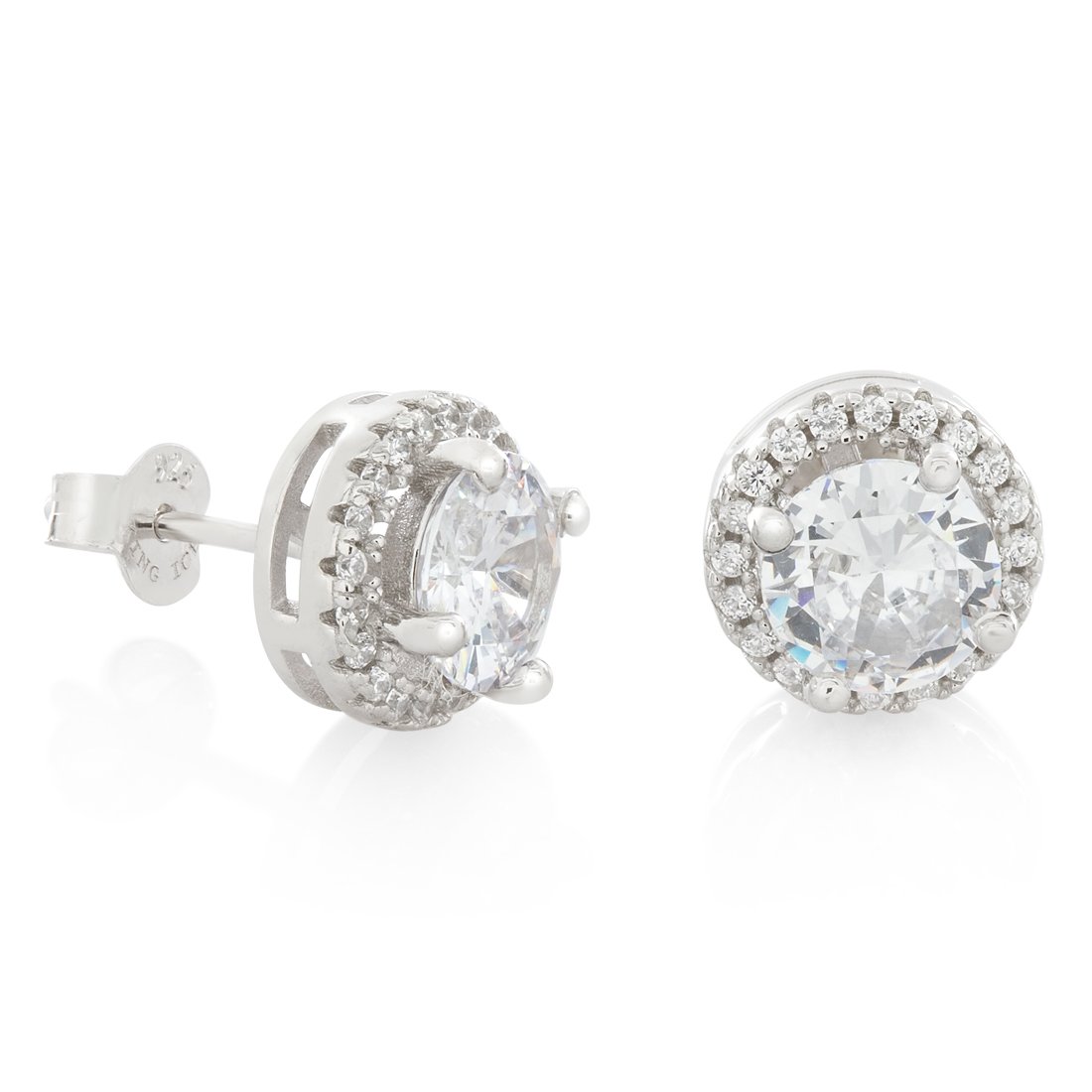Halo Brilliant-Cut Stud Earrings in Sterling Silver / White Gold / 10mm by King Ice