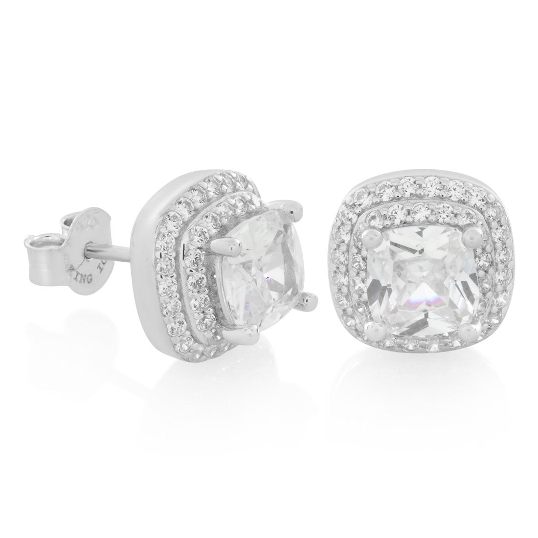 Halo Cushion-Cut Stud Earrings in Sterling Silver / White Gold / 10mm by King Ice