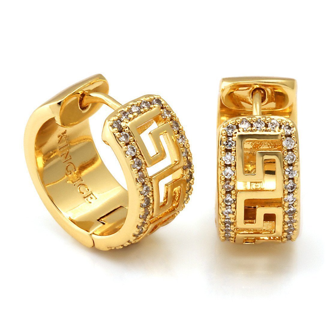 Iced Greek Key Hoop Earrings in Sterling Silver / 14K Vermeil / 0.8" by King Ice