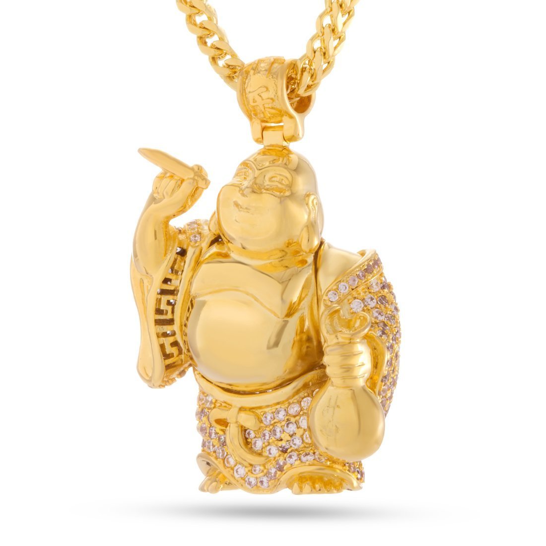 Iced Laughing Buddha Necklace in 14K Gold / 1.6" by King Ice