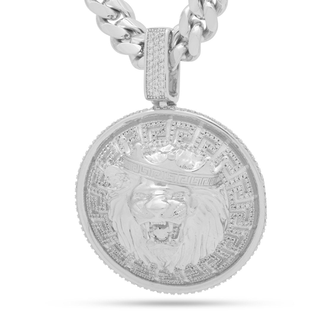 Lion Shield Necklace in White Gold / 2.6" by King Ice