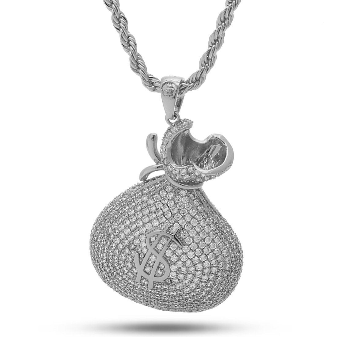 Money Bag Stash Necklace in White Gold / 2.3" by King Ice