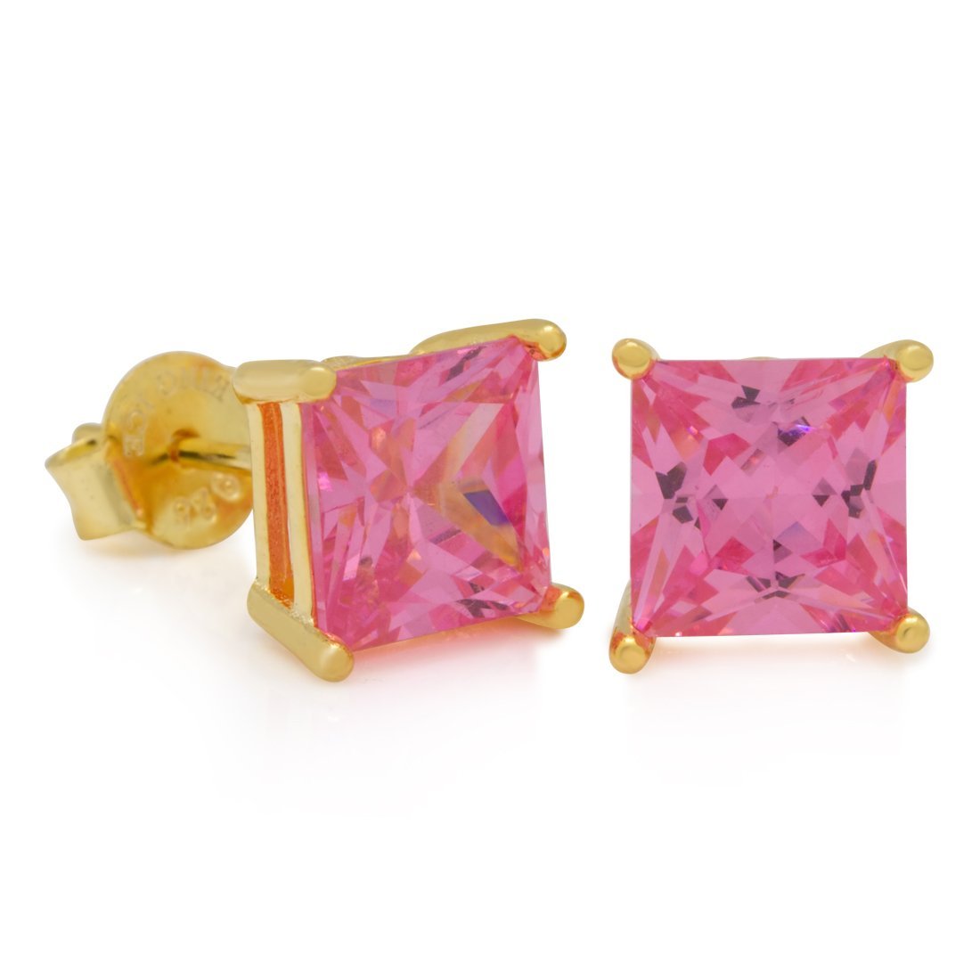 Pink Princess-Cut Stud Earrings in Sterling Silver / 14K Vermeil / 7mm by King Ice