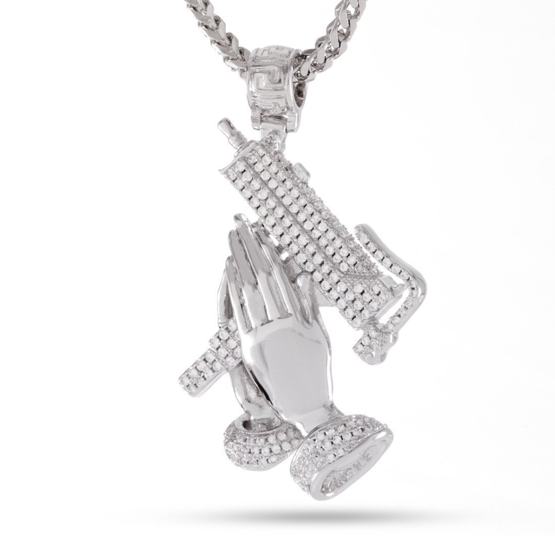 Praying Hands of Defense Necklace in White Gold / 1.9" by King Ice