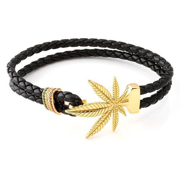 Rasta Weed Bracelet in Leather / 14K Gold / 8" by King Ice