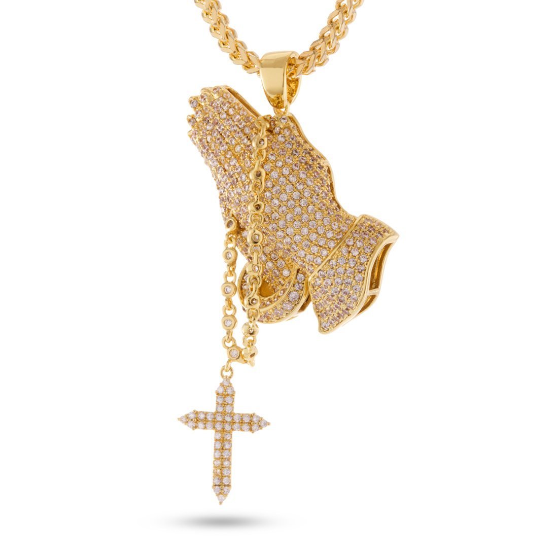 Rosary Praying Hands Necklace in 14K Gold / 2.3" by King Ice