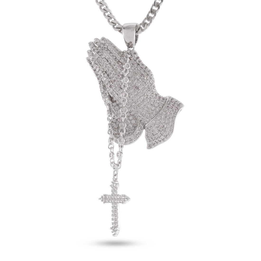 Rosary Praying Hands Necklace in White Gold / 2.3" by King Ice
