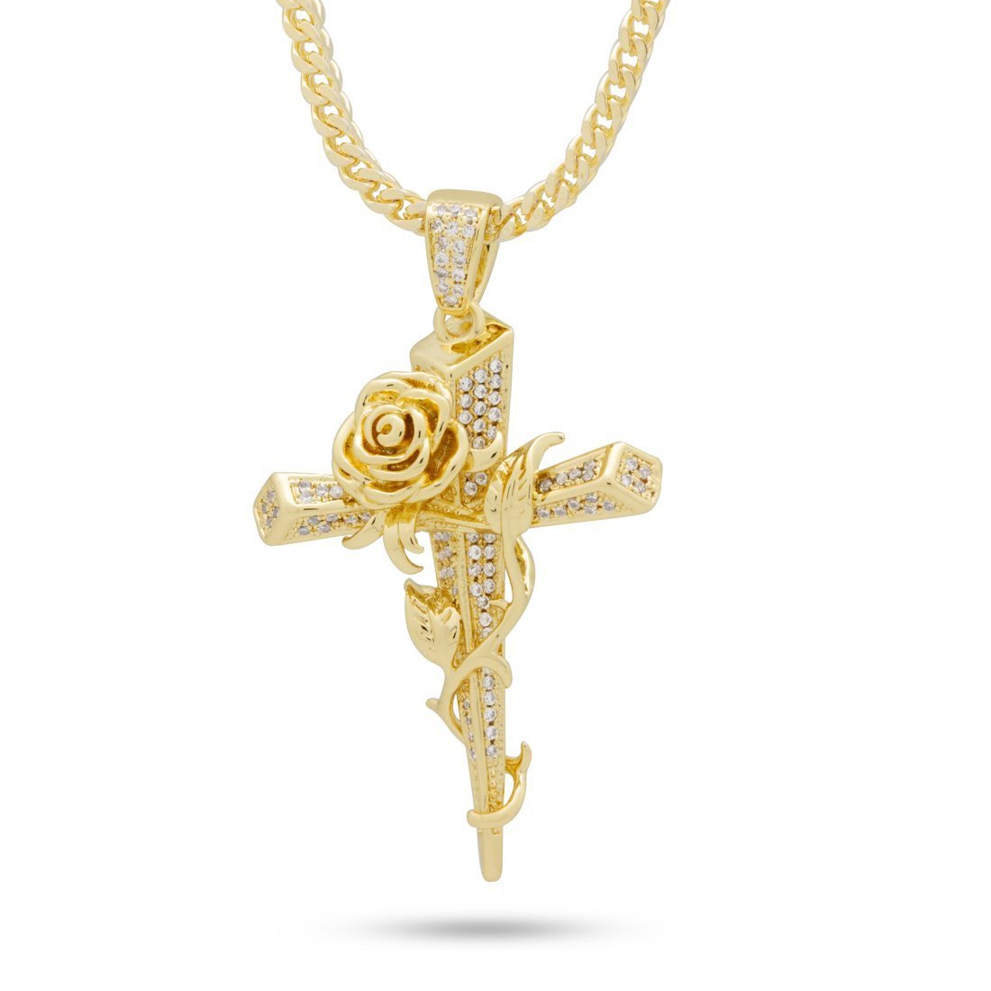 Rose Thorned Cross Necklace in 14K Gold / 1.9" by King Ice