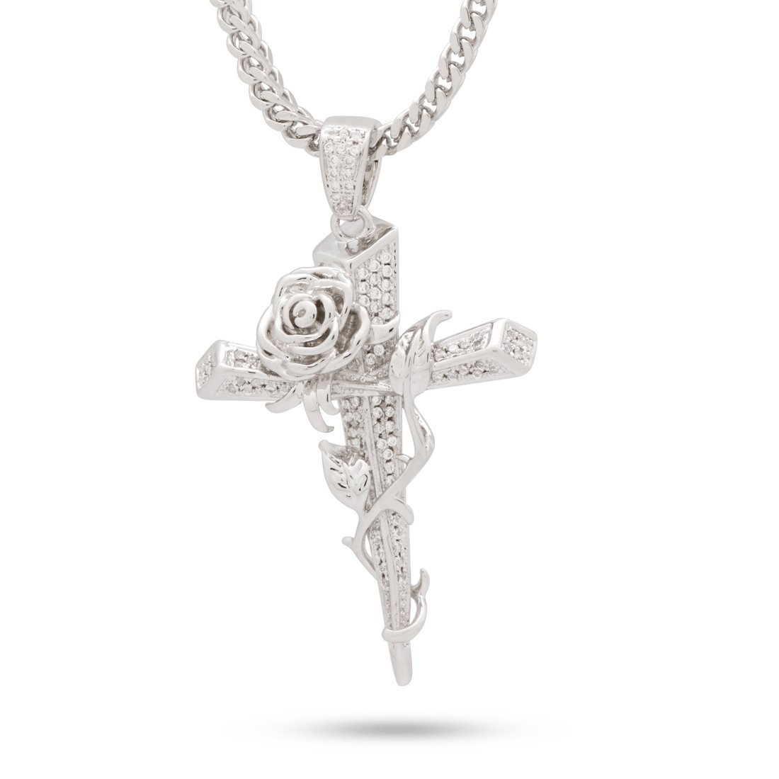 Rose Thorned Cross Necklace in White Gold / 1.9" by King Ice