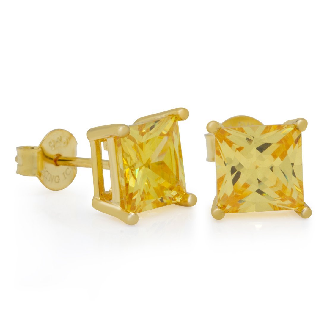 Yellow Princess-Cut Stud Earrings in Sterling Silver / 14K Vermeil / 7mm by King Ice