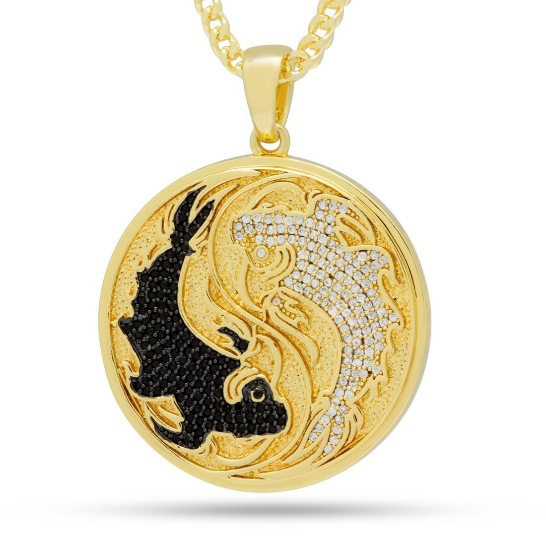 Yin-Yang Koi Fish Medallion Necklace in 14K Gold / 1.8" by King Ice