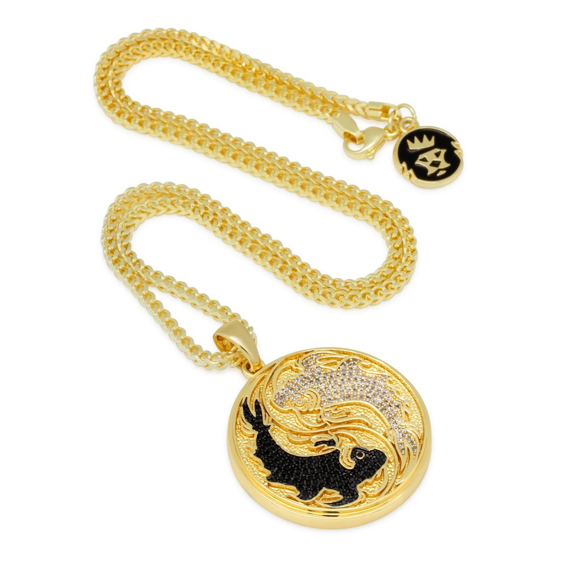 Yin-Yang Koi Fish Medallion Necklace in 14K Gold / 1.8" by King Ice