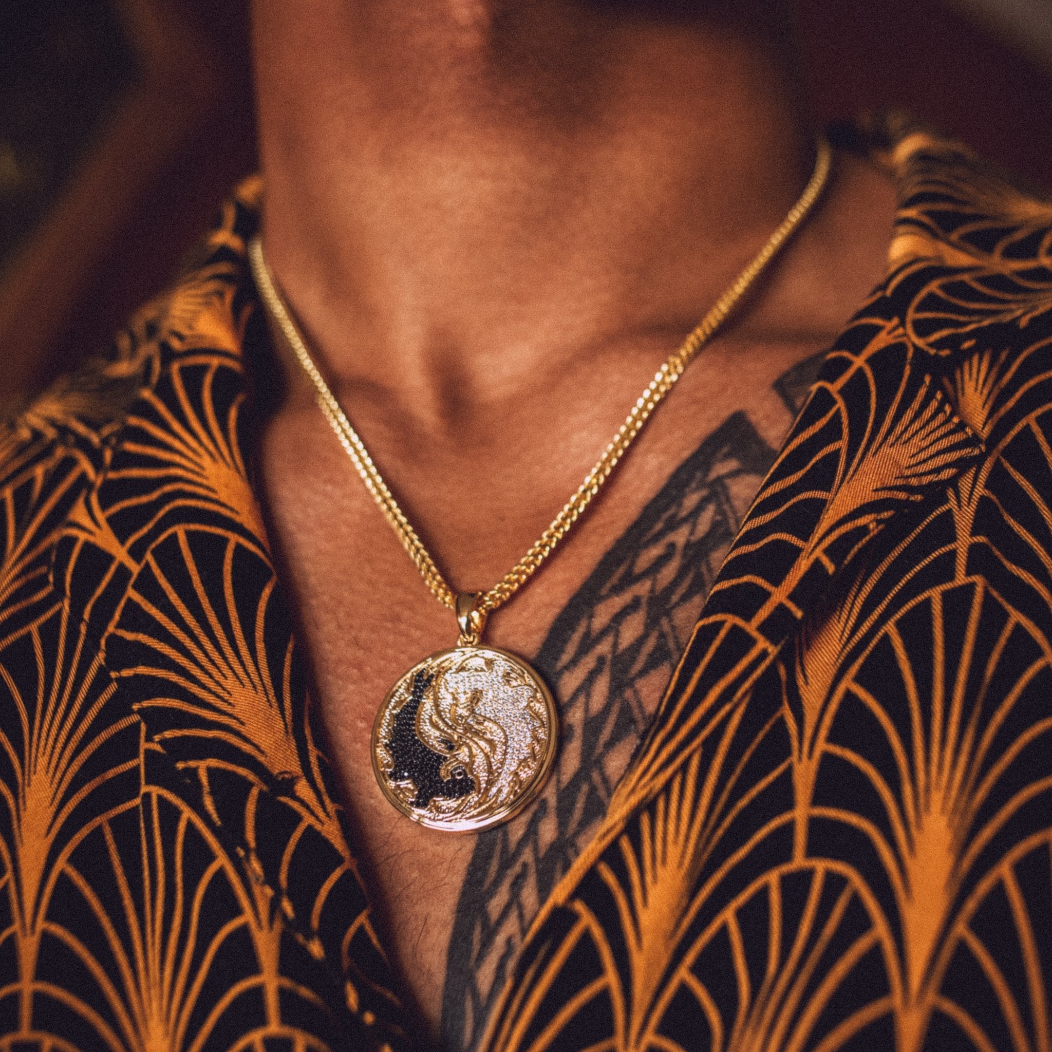 Yin-Yang Koi Fish Medallion Necklace in 14K Gold / 1.8" by King Ice