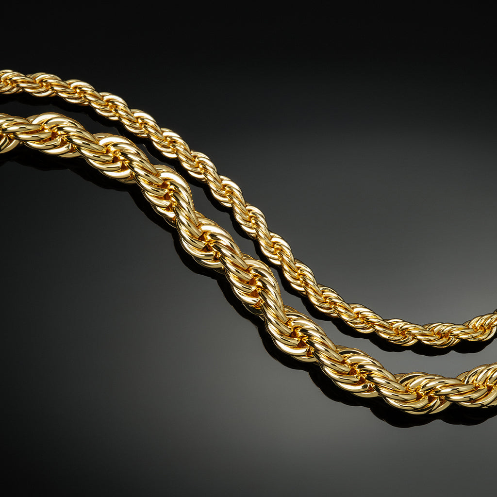 5mm and 3mm rope chains in 14k gold