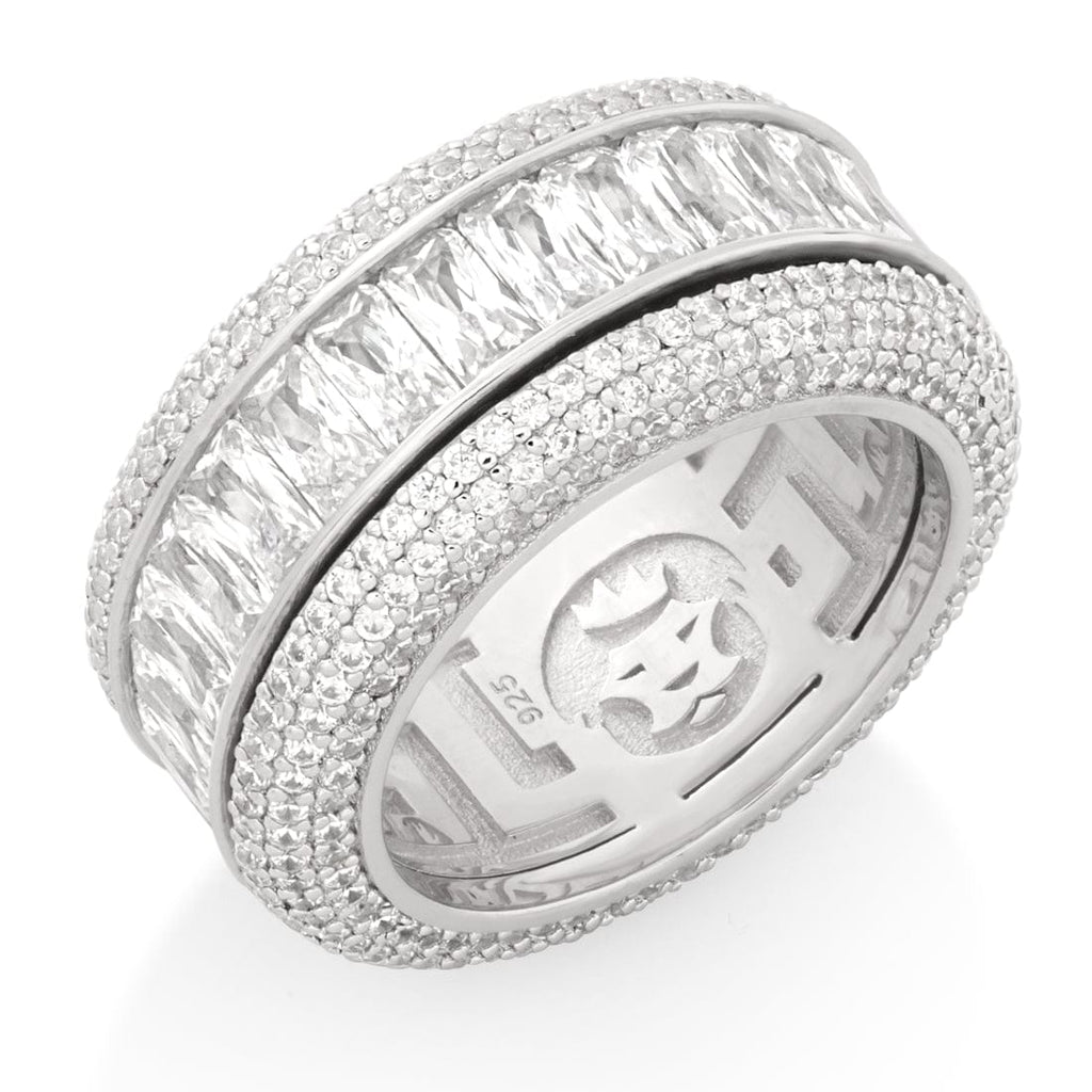 Baguette-Cut Icy Spinner Ring  in  Sterling Silver / White Gold / 7 Mens Rings