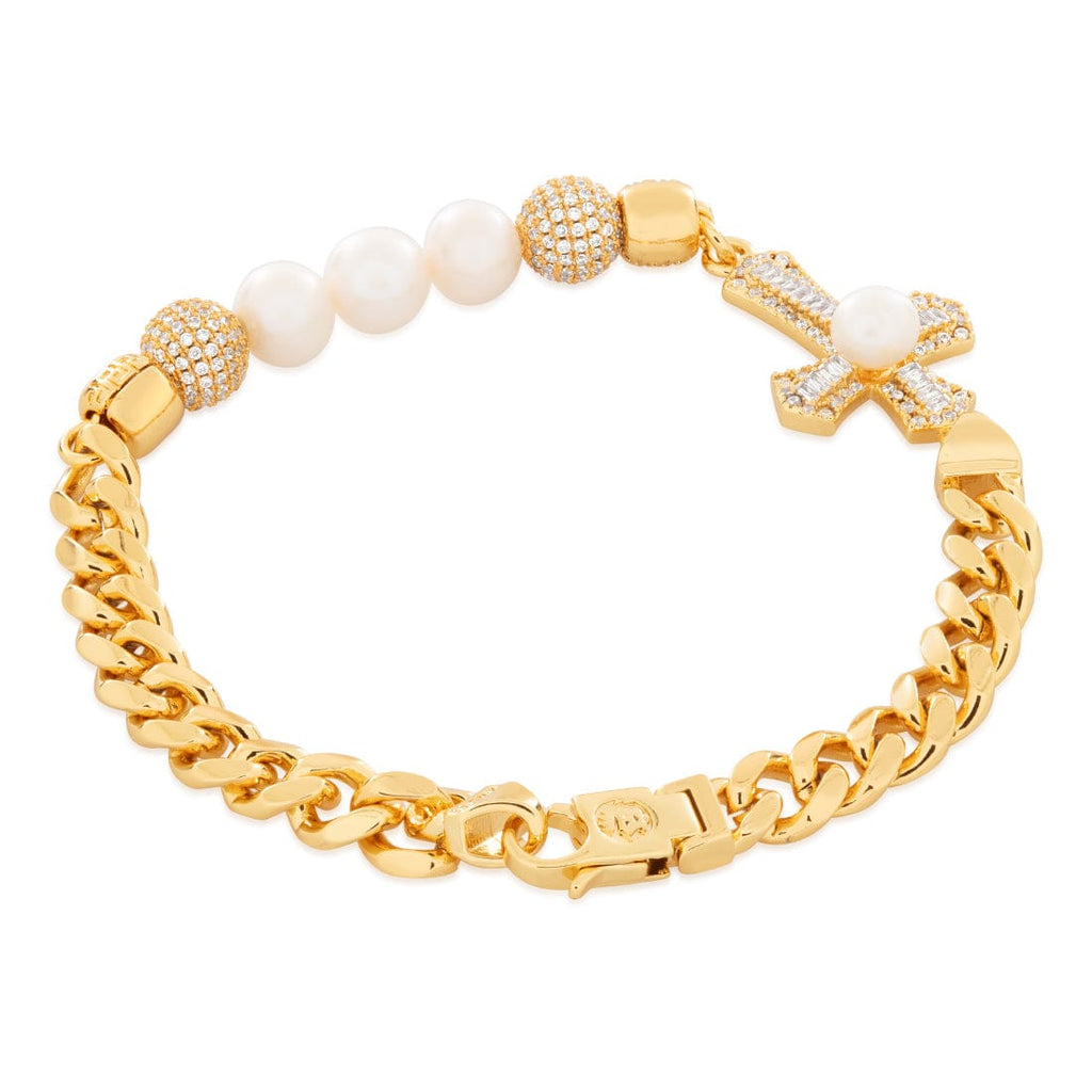 Pearl of Wisdom Cross Bracelet  in  Gold Plated / 14K Gold / 8" Mens Bracelets
