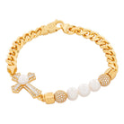 Pearl of Wisdom Cross Bracelet  in  Gold Plated / 14K Gold / 8" Mens Bracelets