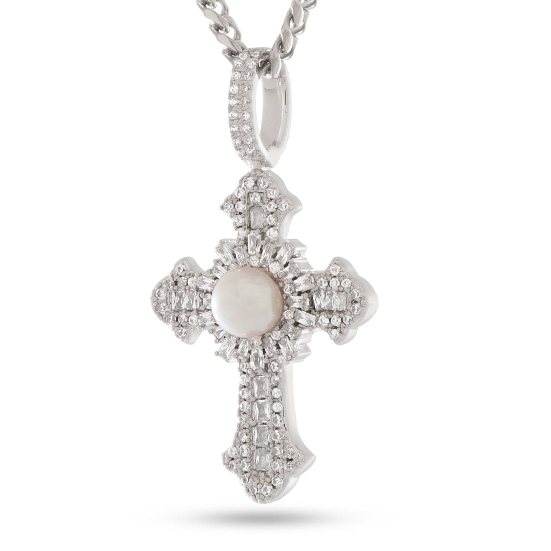 Pearl of Wisdom Cross Necklace  in  White Gold Mens Necklaces