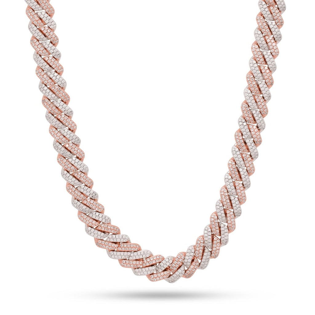 Gold Plated / Two-Tone / 18" 12mm Rose Gold Iced Diamond-Cut Miami Cuban Chain