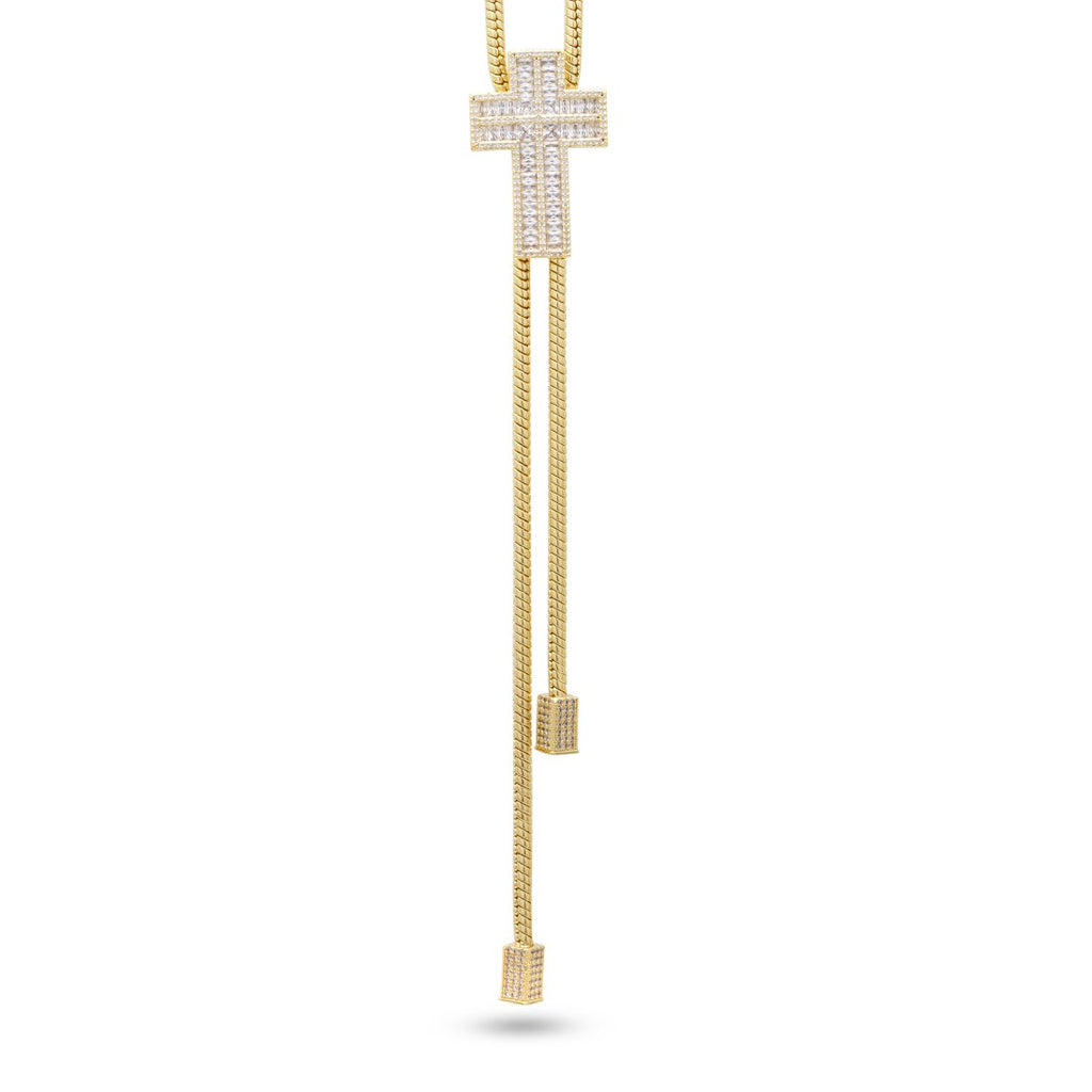 14K Gold Baguette Cut Cross Bolo Tie Necklace ACX14024