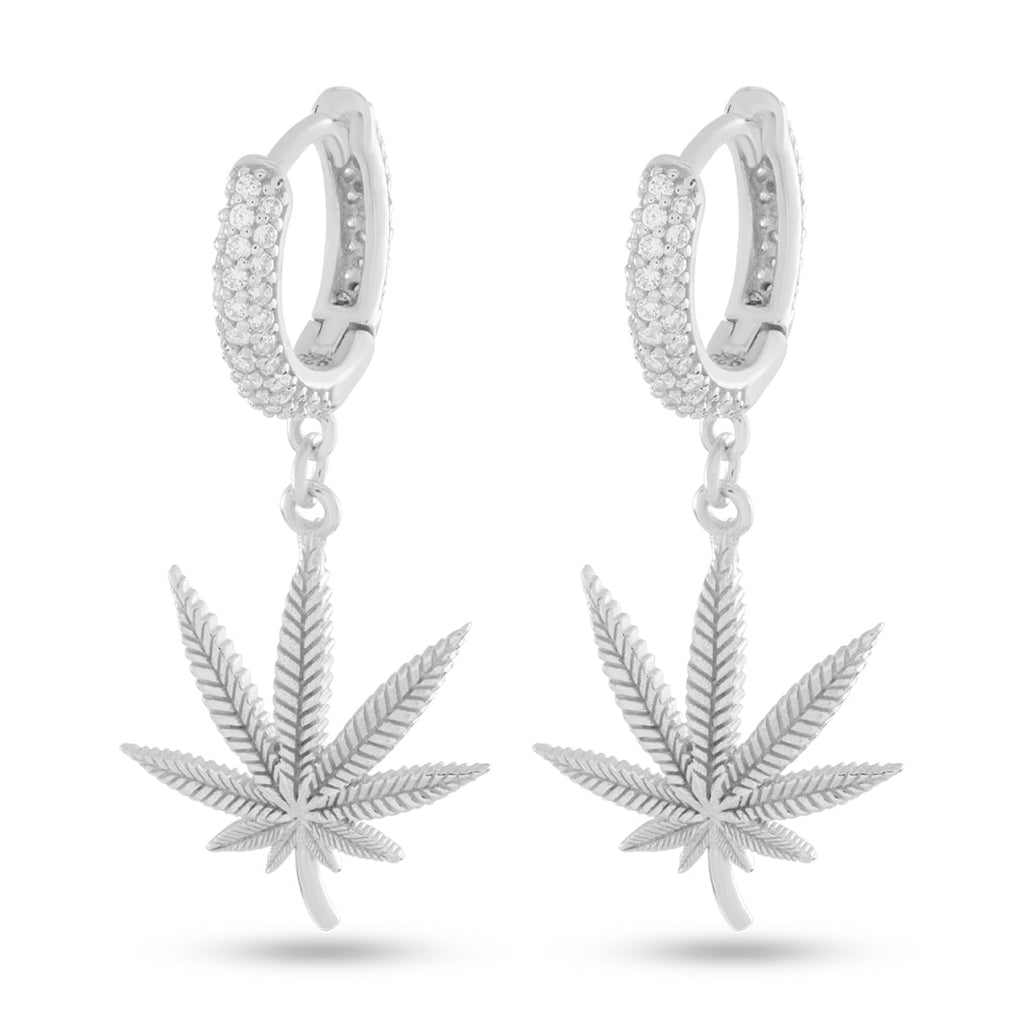White Gold / Sterling Silver / 1.3" Cannabis Leaf Hanging Earrings